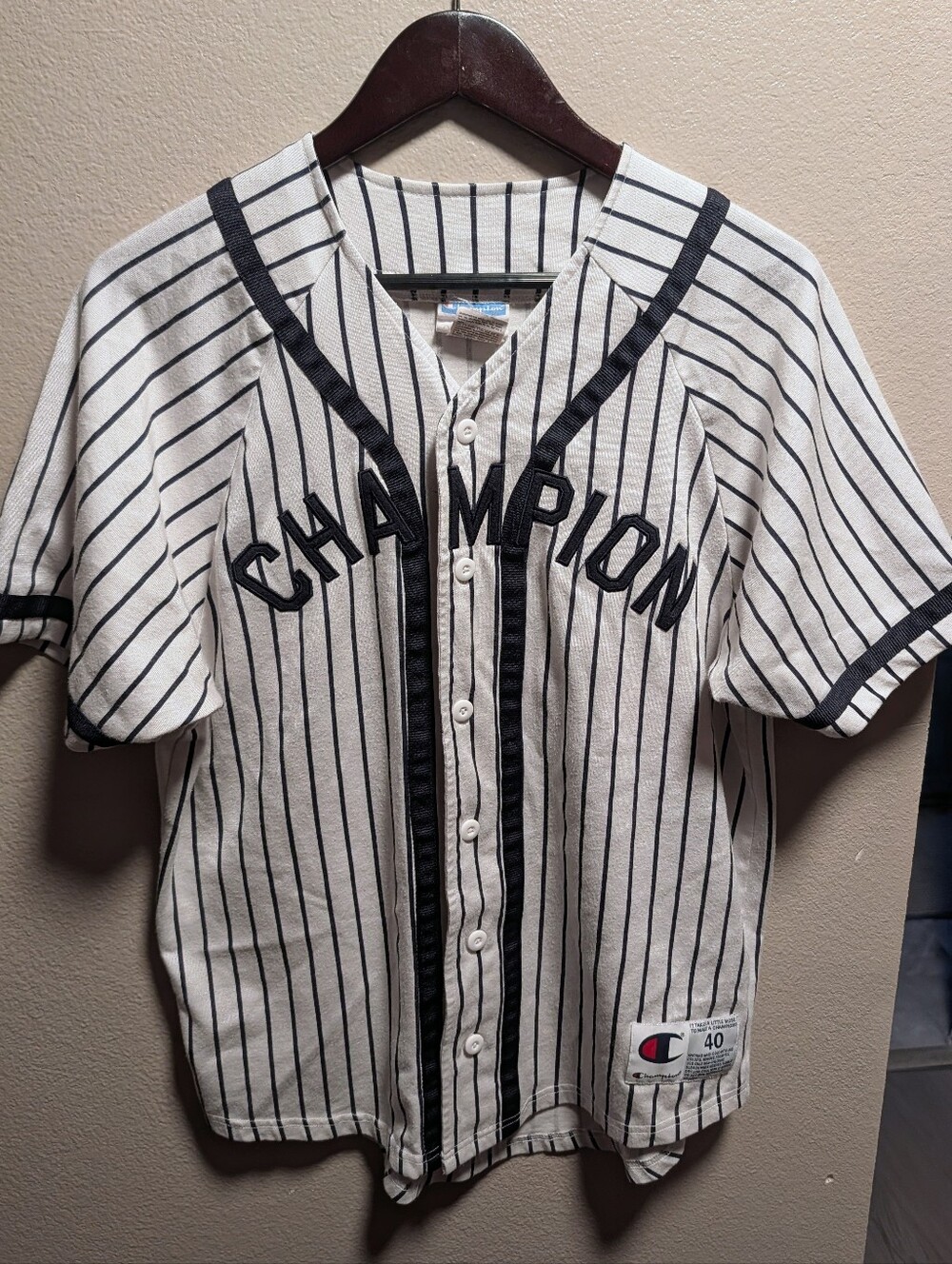Champion Pinstripe Baseball Jersey Button-Front Cream Navy Size 40/M Vintage